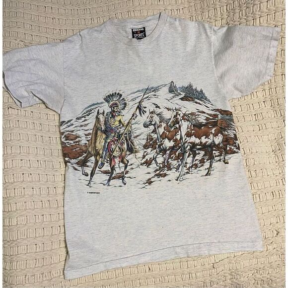 VTG 90’s Habitat XCIV Tshirt American Indians & Horses double sided single stitc - Picture 3 of 5